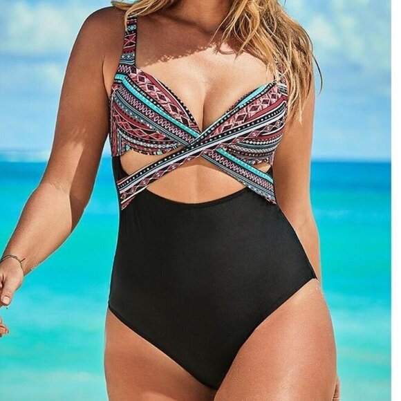 SWIMSUITS FOR ALL Size 14 Black Aztec Print Cut Out Underwire One Piece Swimsuit - Picture 1 of 12